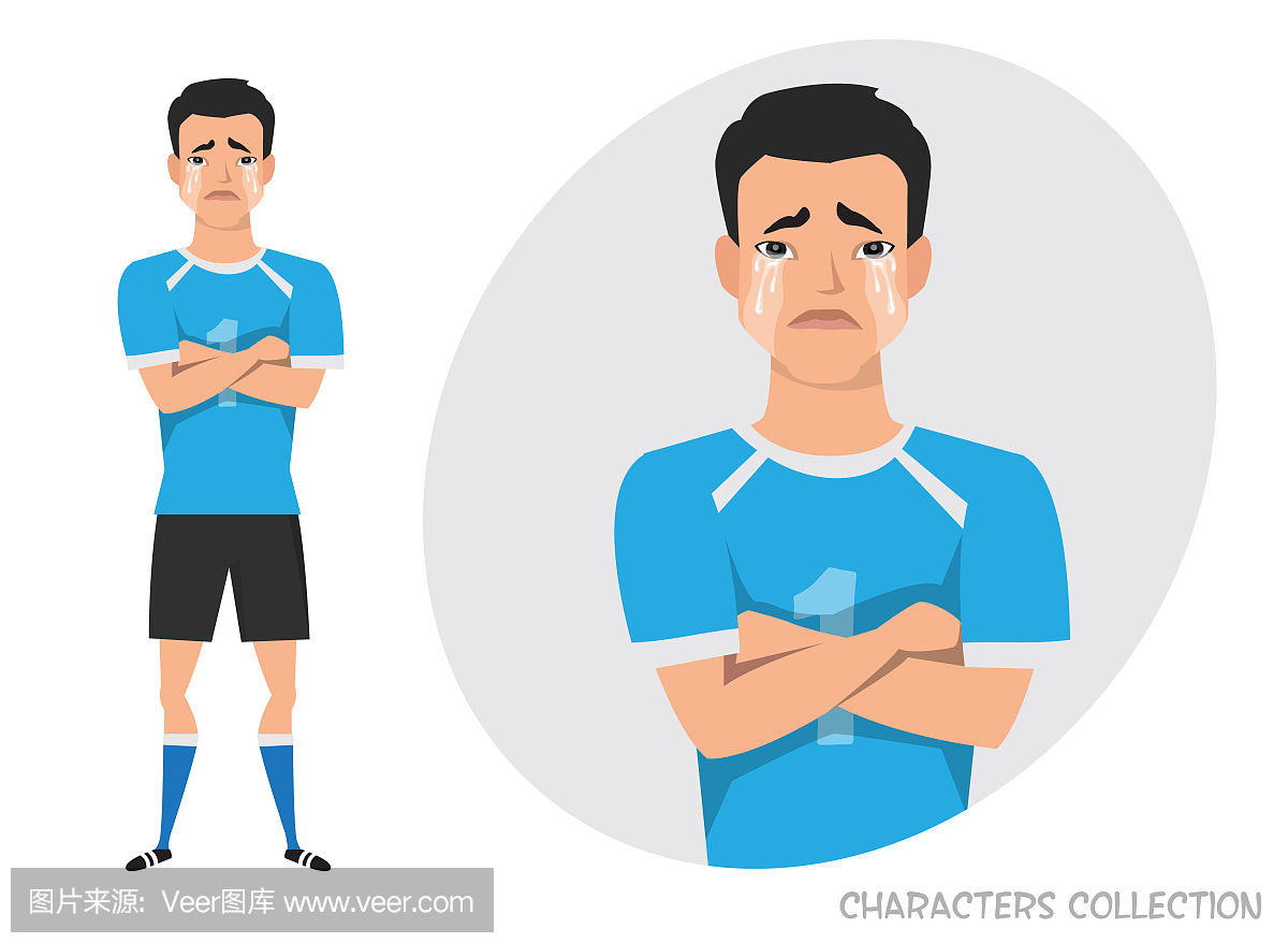 亚洲足球运动员横过他的胳膊和哭泣。流泪和忧