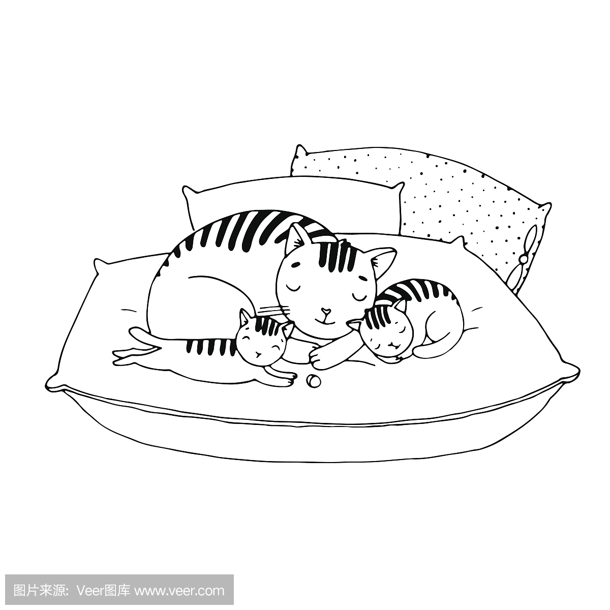 可爱的卡通猫在靠垫上。