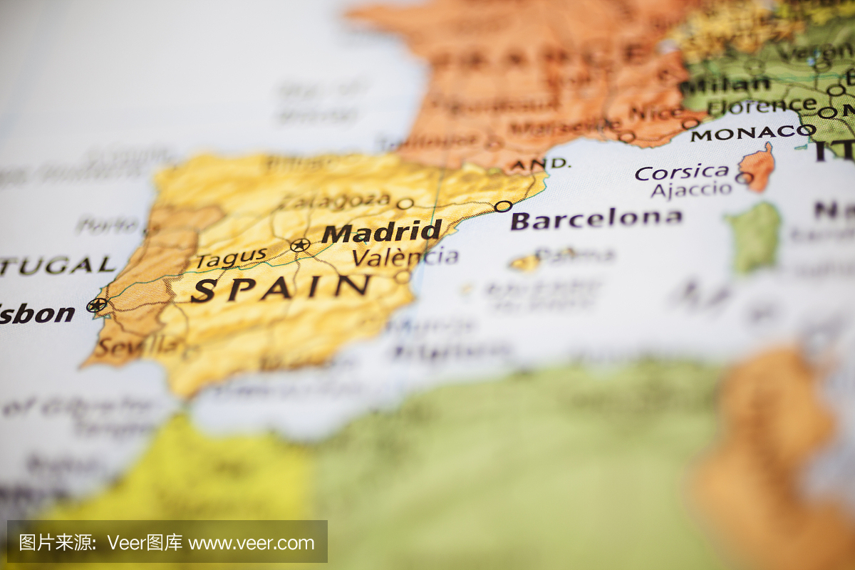 国家:西欧国家地图。专注于马德里,西班牙。