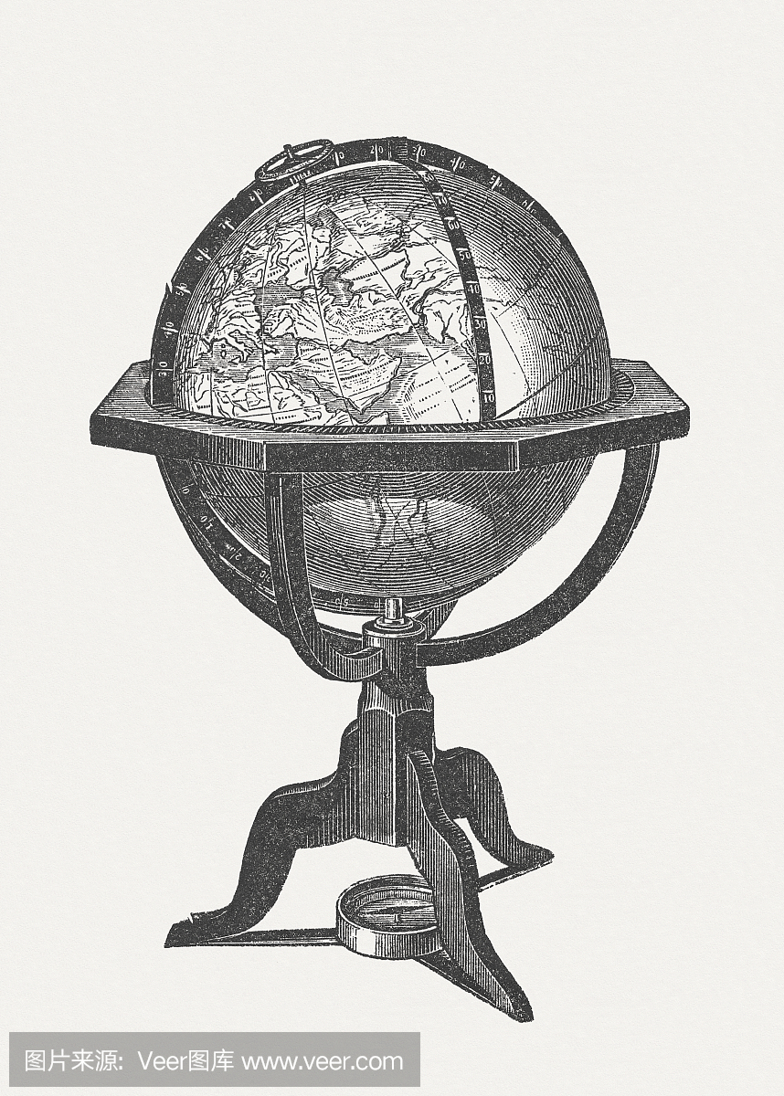 历史地球仪,木雕刻,1864年出版