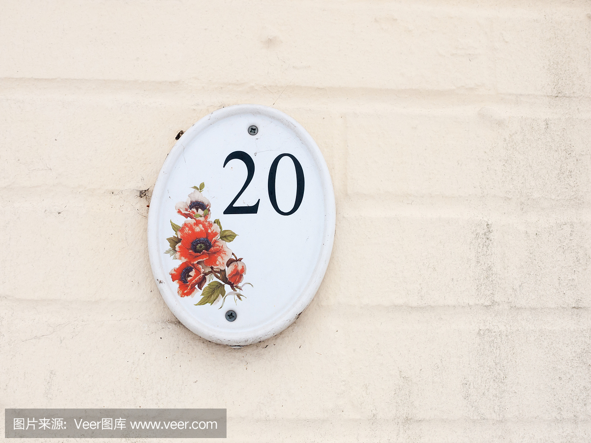 房子号码牌在外面白色墙壁数字20花设计