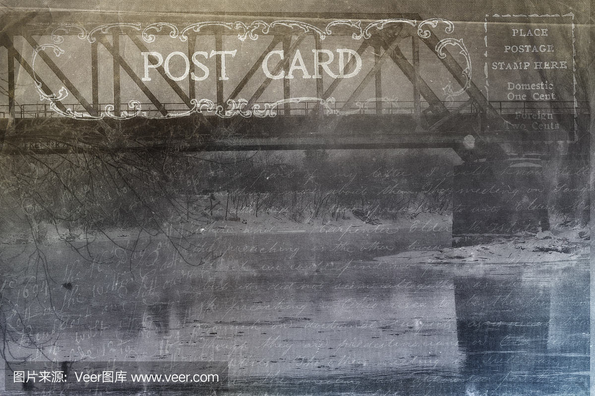 老明信片,复古,金属铁路大桥,魁北克,加拿大