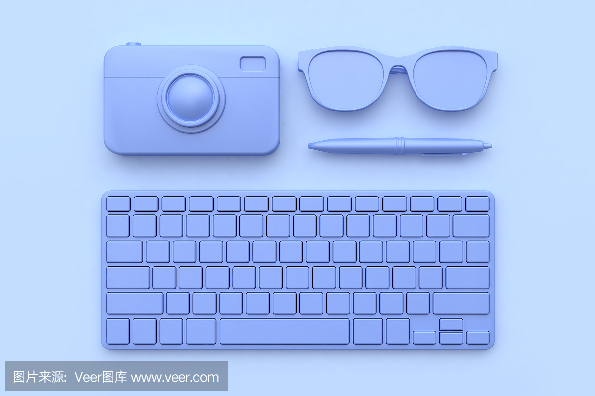 3d渲染技术概念键盘相机笔眼镜紫紫所有对象