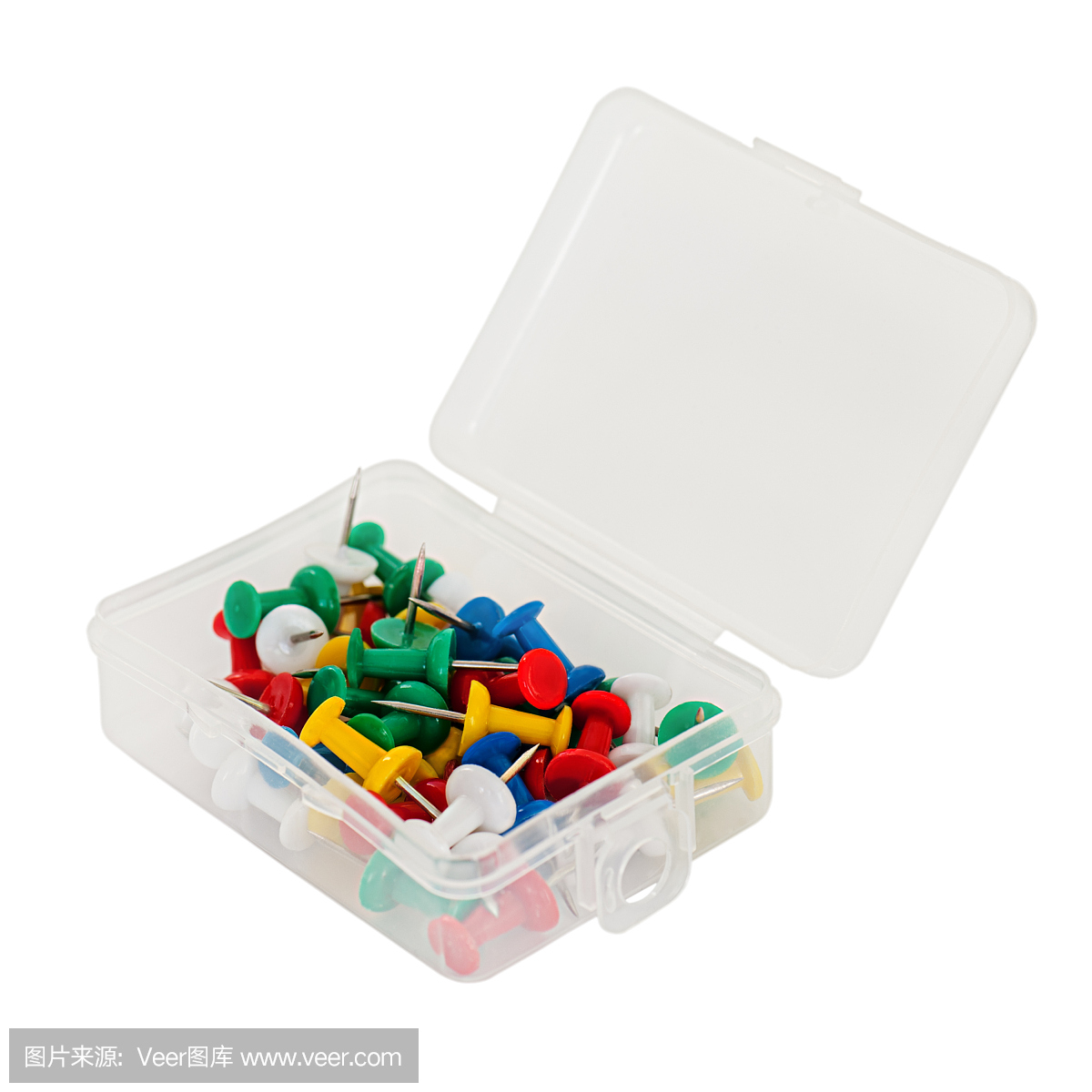 透明塑料盒与白色孤立的图钉