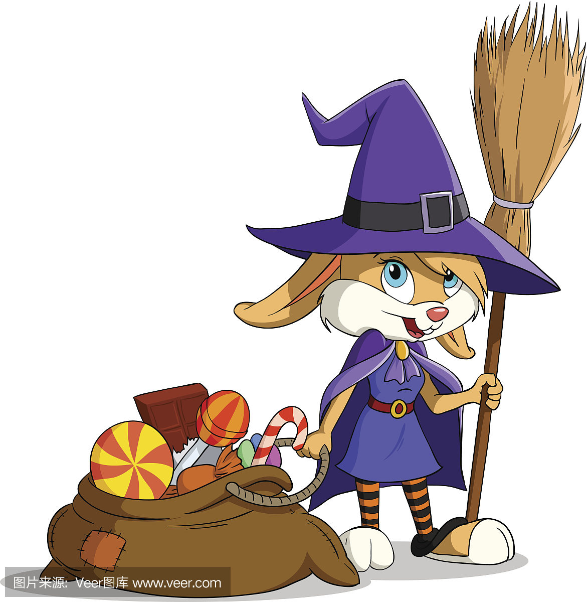 卡通万圣节兔子女孩在巫婆装备与糖果袋。