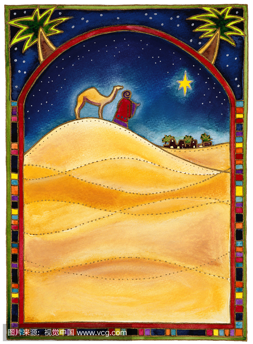 Wiseman用骆驼看着伯利恒之星。