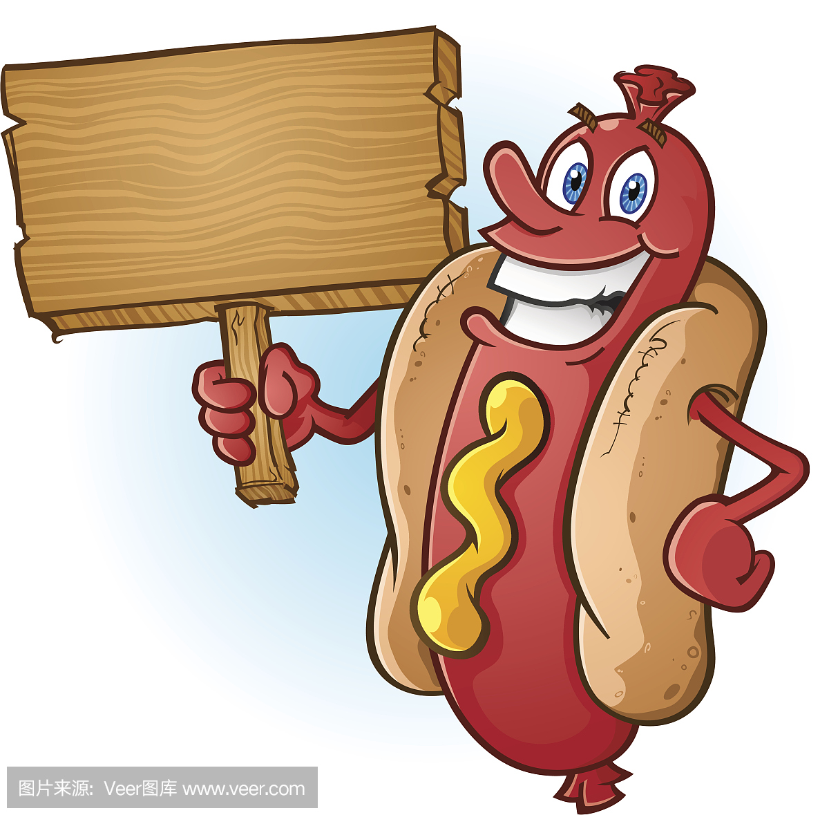 热狗卡通拿着一个空白的木制标志