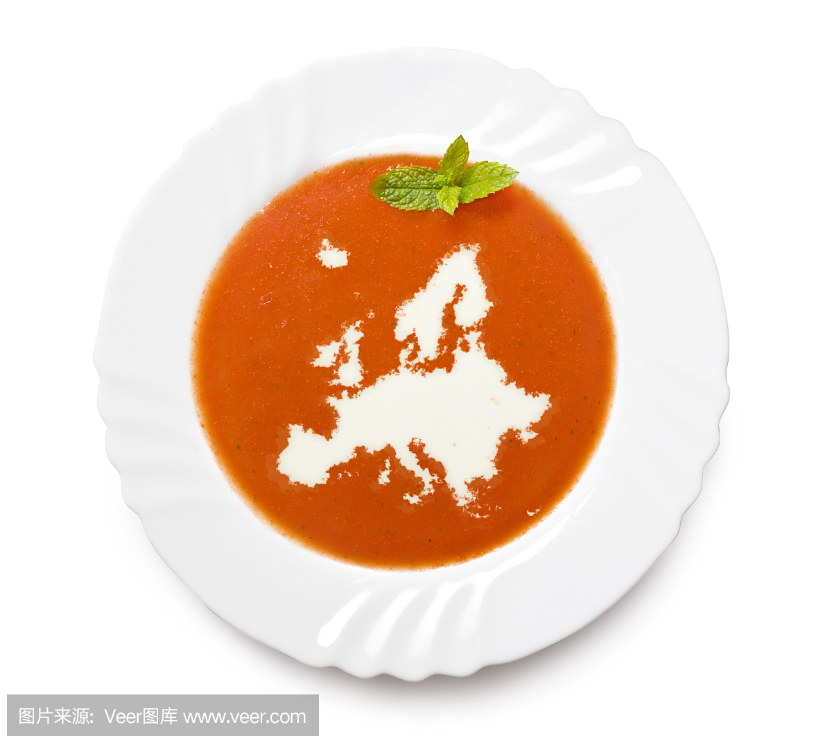 平板番茄汤与欧洲形状的奶油(系列)