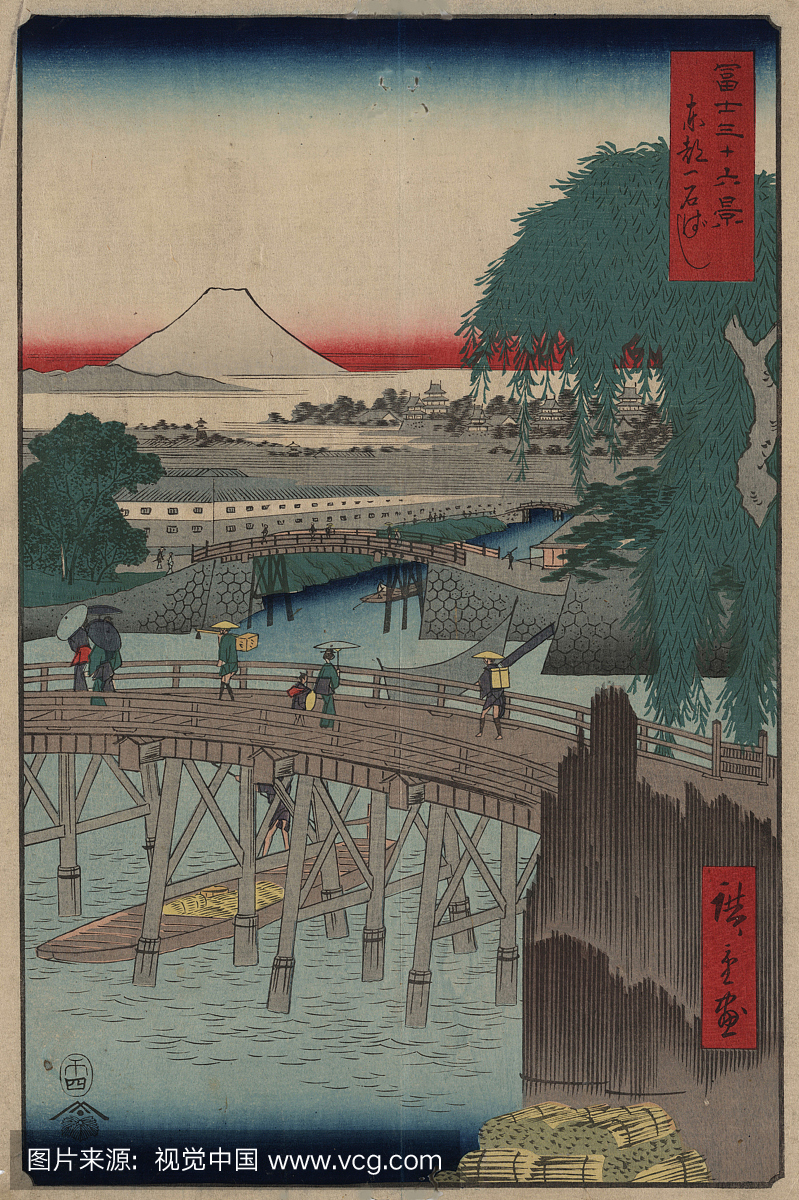 城市景观与富士山由Utagawa Hiroshige,颜色木