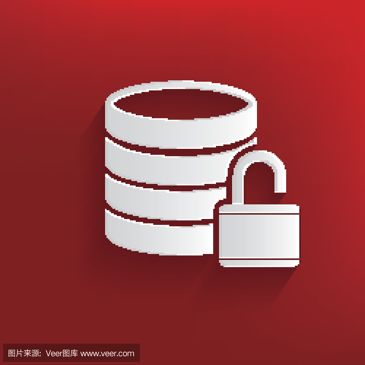 解锁,红色背景上的数据库符号,干净的向量