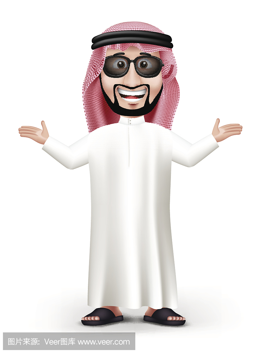 3D英俊沙特阿拉伯人在传统服饰架教学