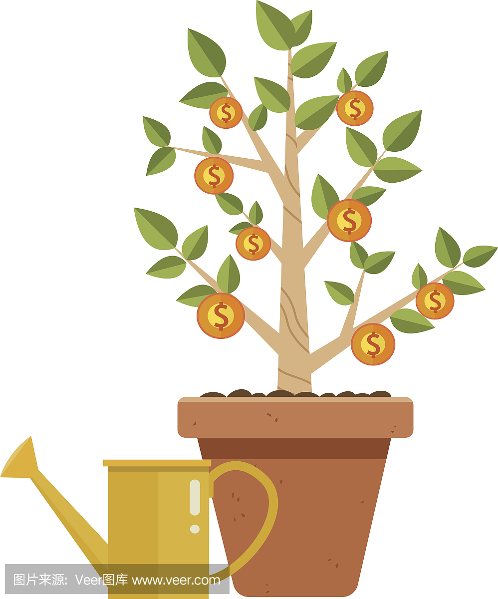 金钱树与浇水罐。财务增长理念,货币增长