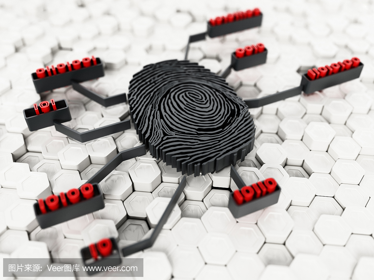 白色六角形背景上的指纹和二进制代码