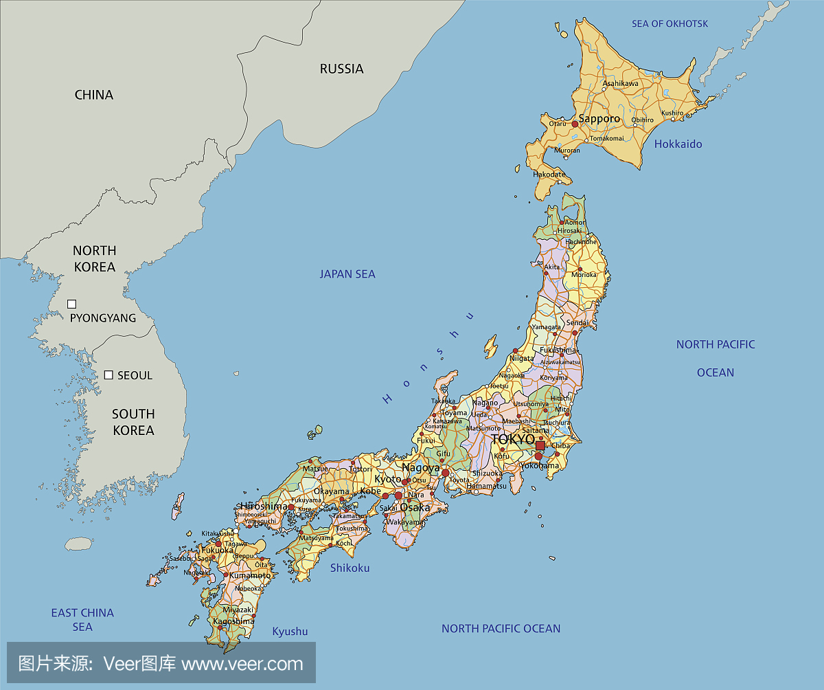 日本 - 详细的可编辑的政治地图