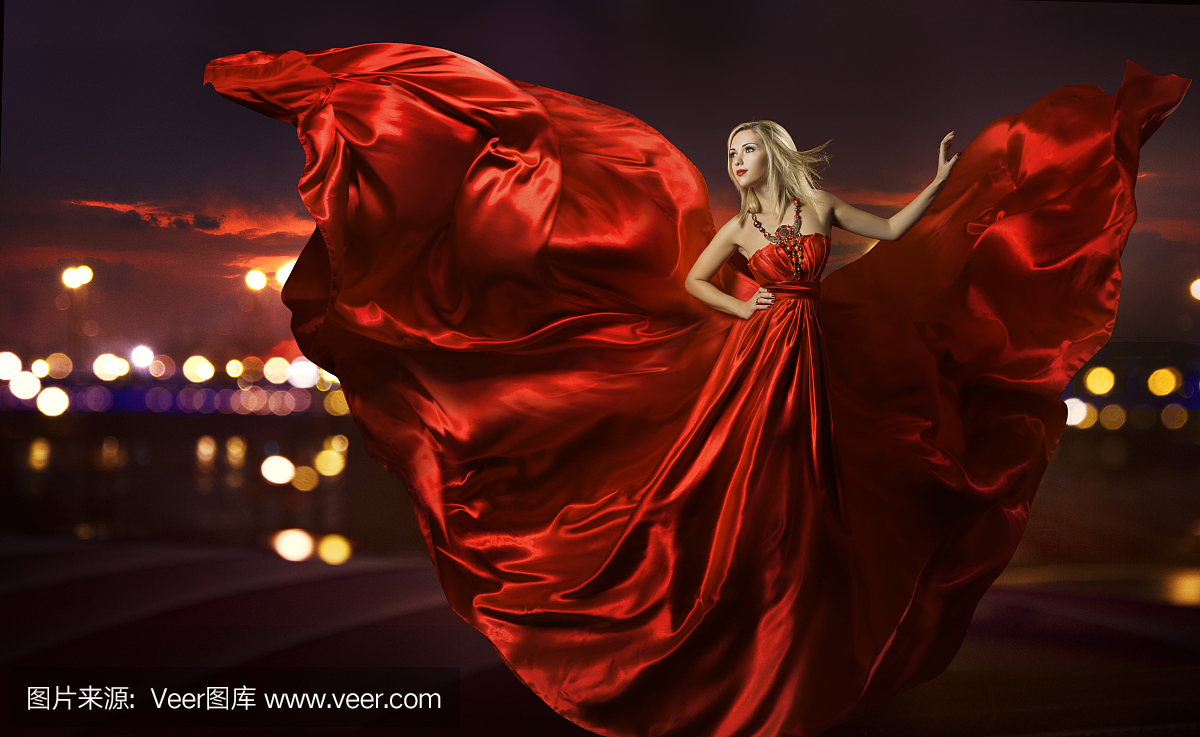 女人跳舞的丝绸连衣裙,艺术红色的吹褂面料