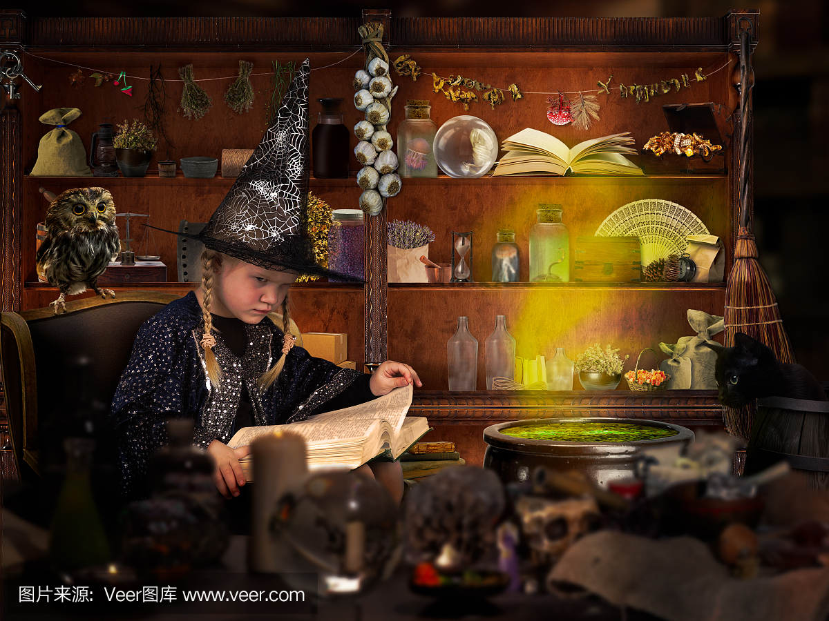 房间的向导。巫婆帽子的小女孩读一个大书咒语