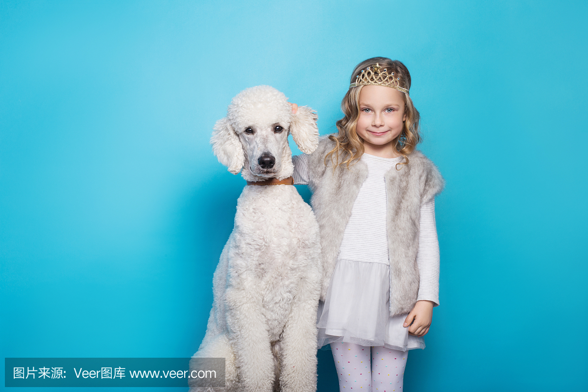 美丽的小公主与狗。友谊。宠物。在蓝色背景的