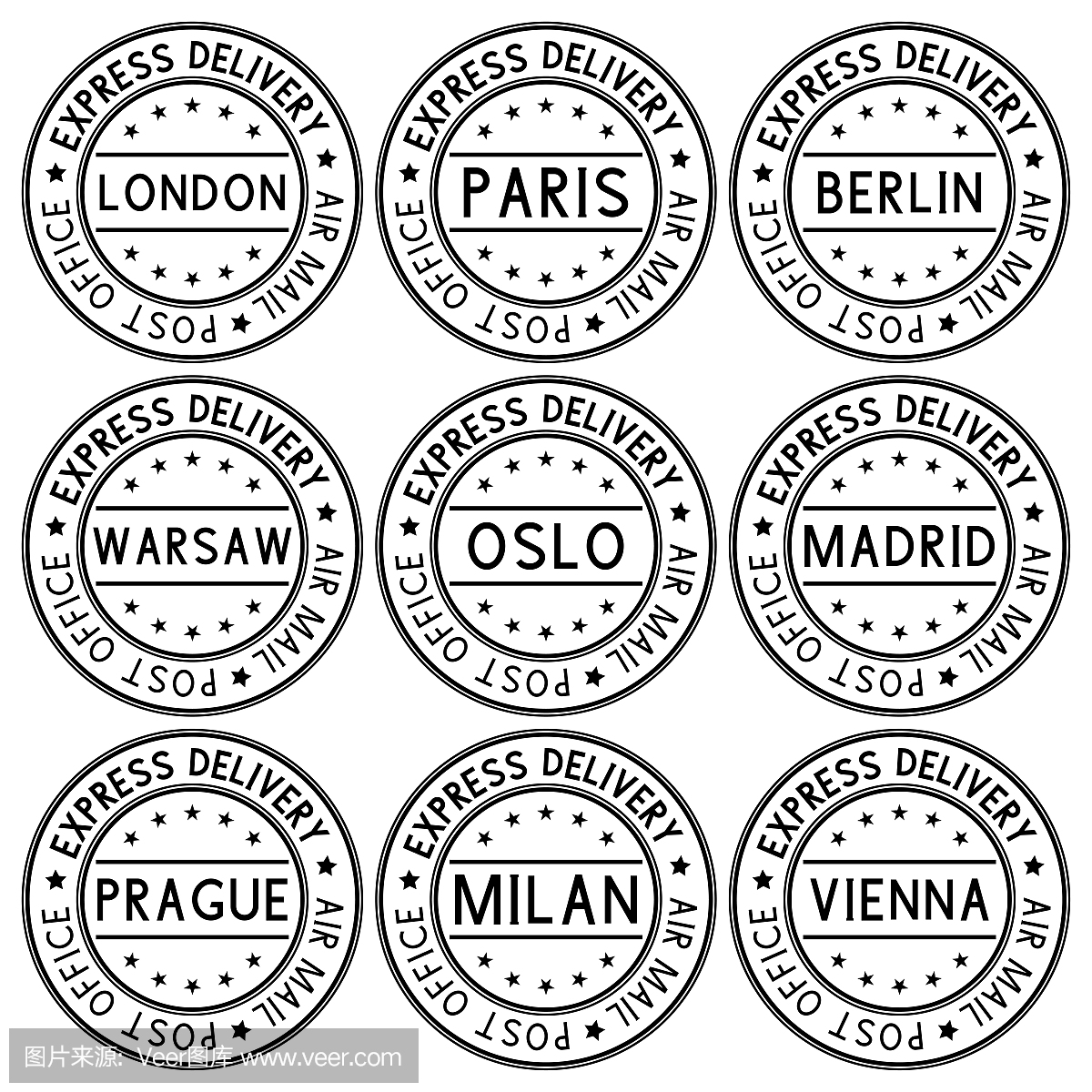 邮戳快递与欧洲城市名称。黑色的收藏