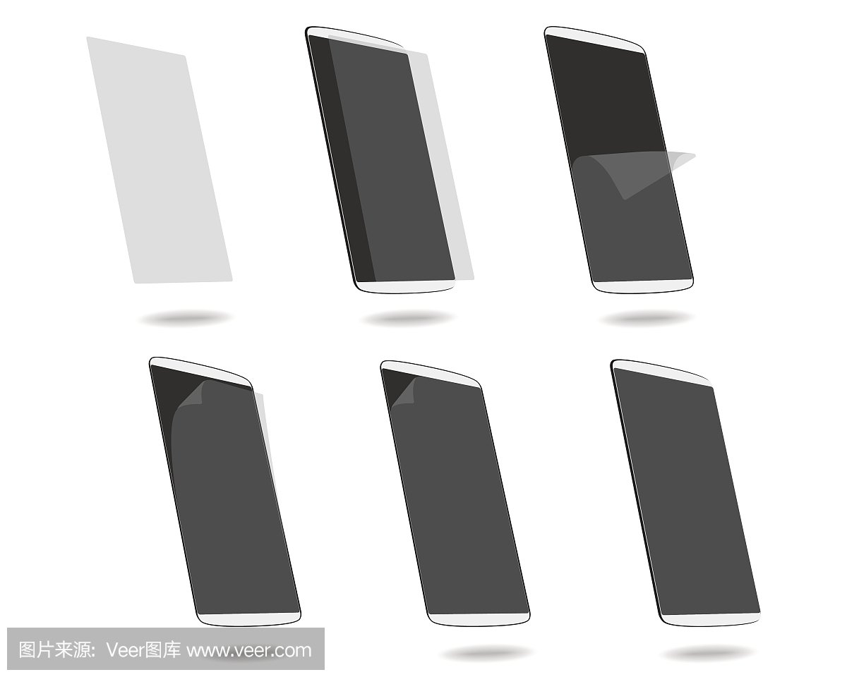 白色智能手机保护膜在屏幕上设置不同的角度