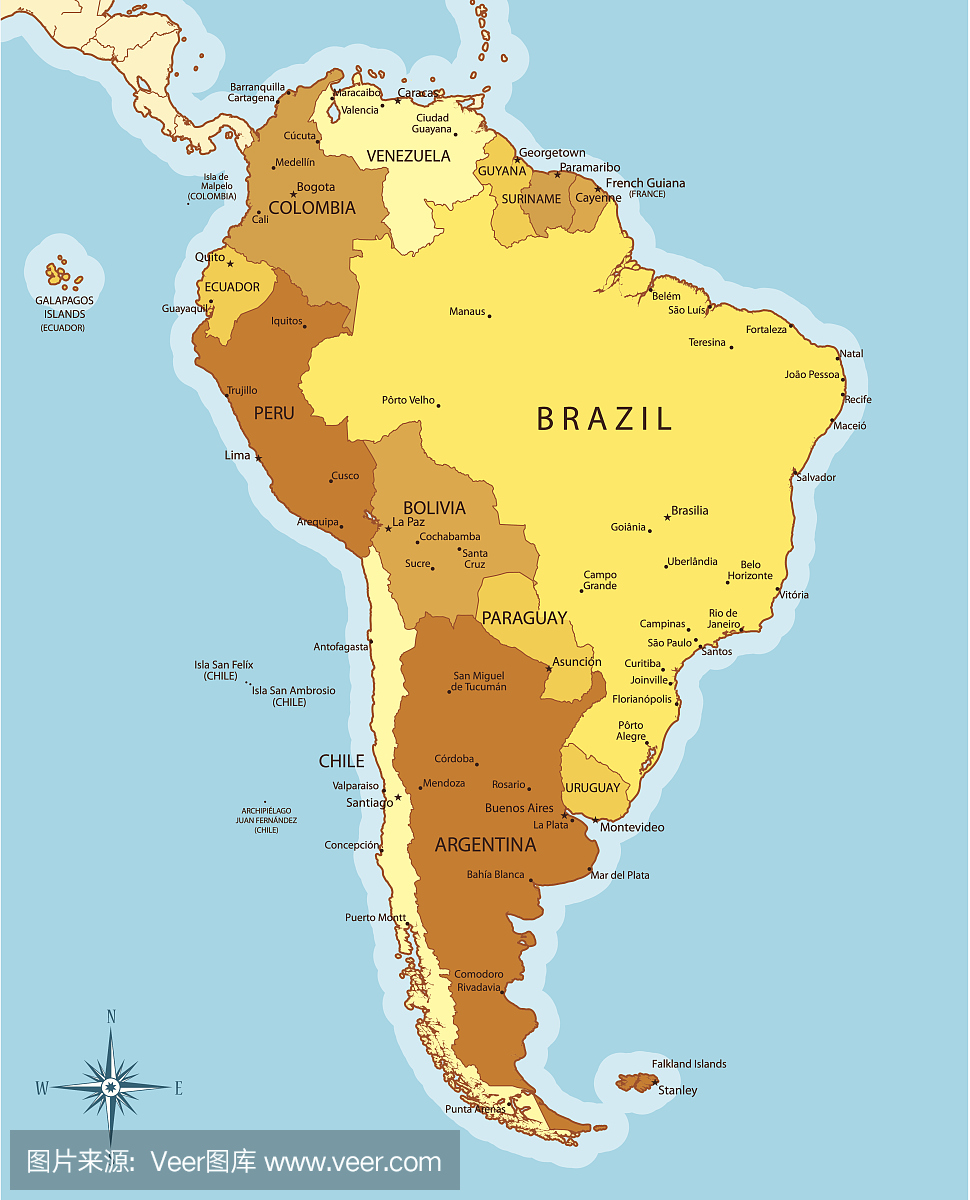 南美地图与国家和城市