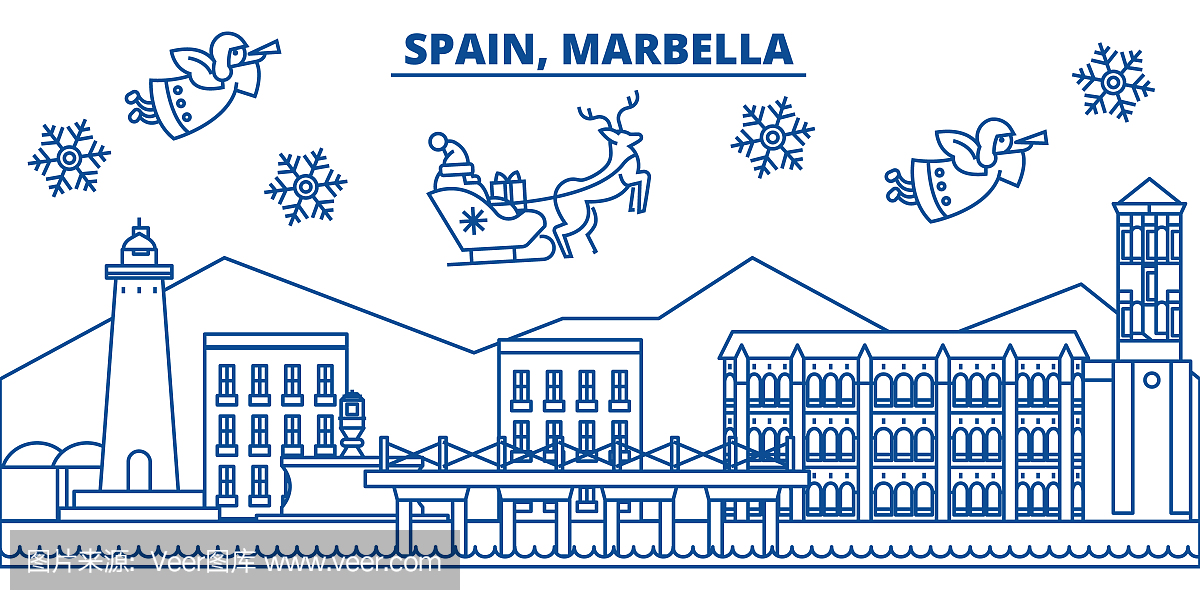 西班牙,马贝拉冬季城市天际线。圣诞快乐,新年