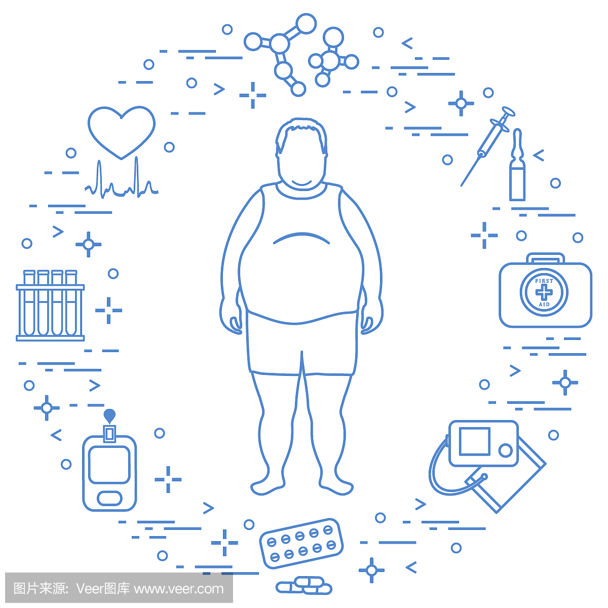 与他周围的医疗设备,工具和男人的胖药物。健百鼎登高板图片