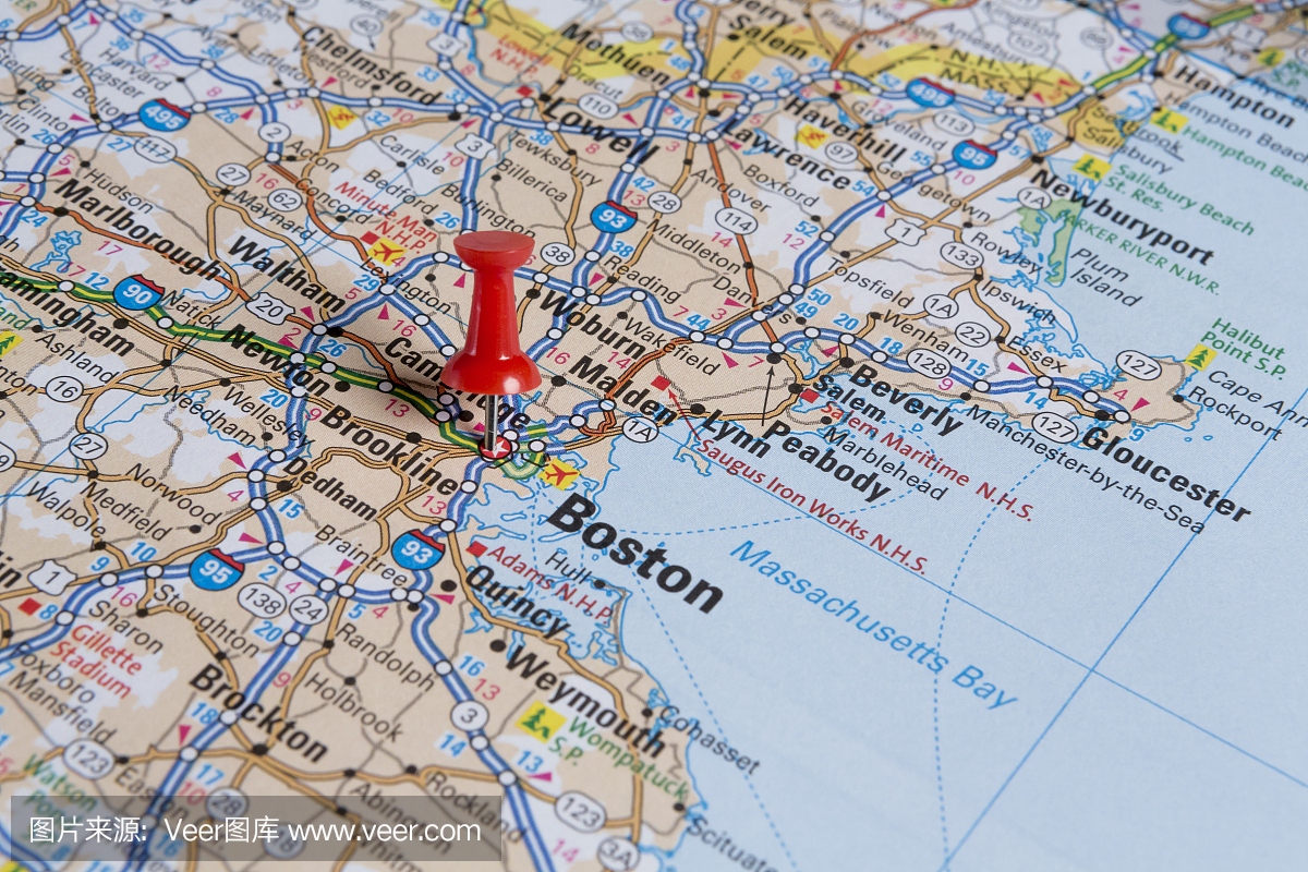 地图,波士顿,马萨诸塞州的图钉