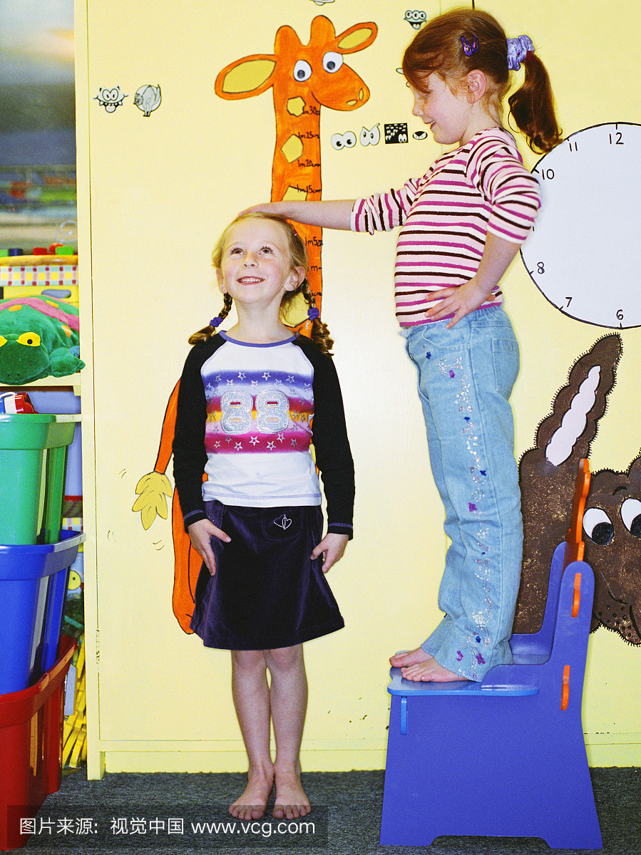 两个女孩(4-6岁),一个测量另一个身高的墙壁