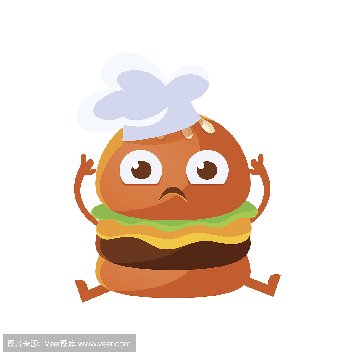 有大眼睛的有趣的汉堡坐在厨师的帽子上坐着。