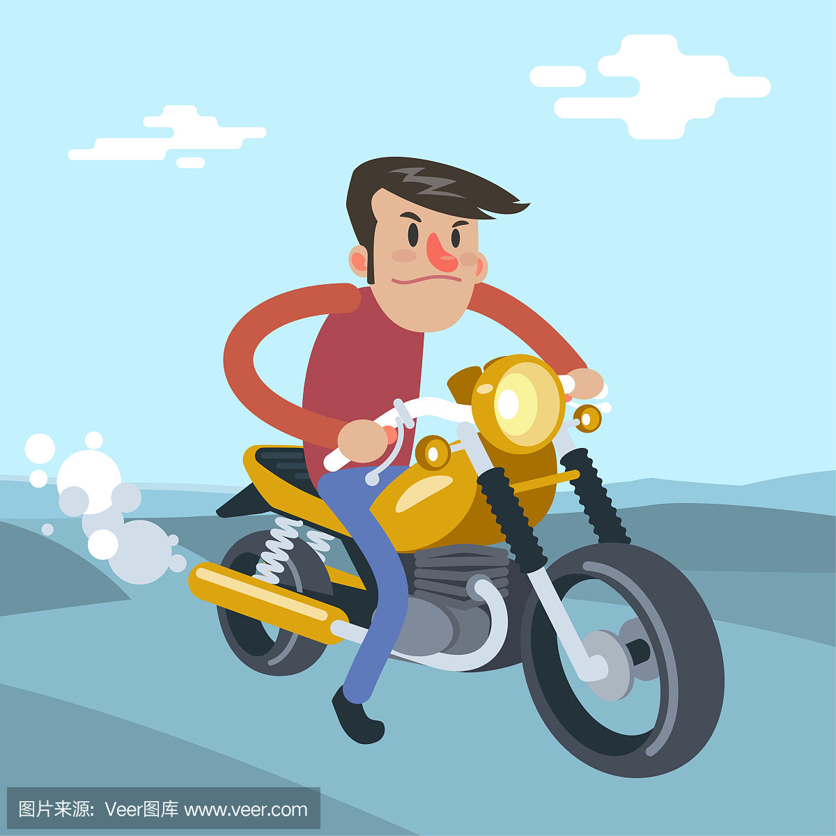 男子骑摩托车,卡通矢量平面插画。