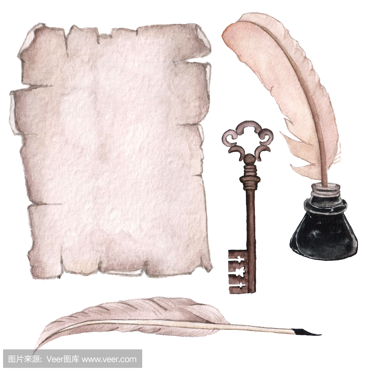 莎草纸,水彩画颜料,背景分离,钥匙
