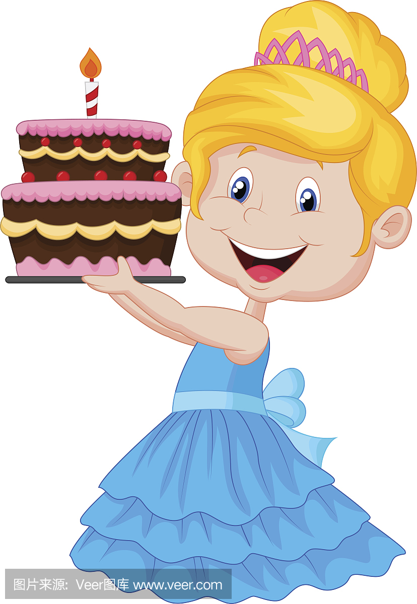 小女孩卡通与生日蛋糕