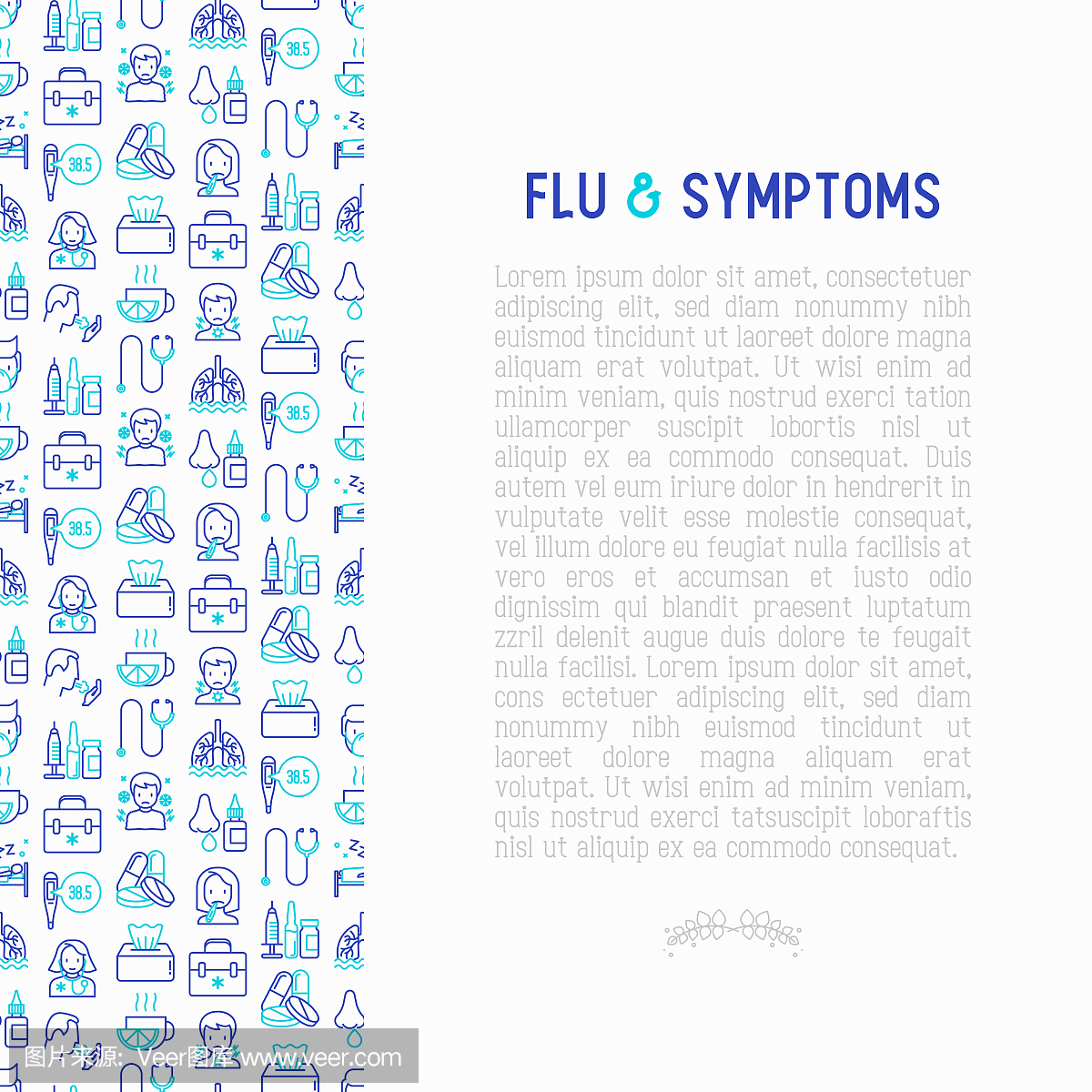 流感和症状概念细线图标:温度,寒战,热,流鼻涕,