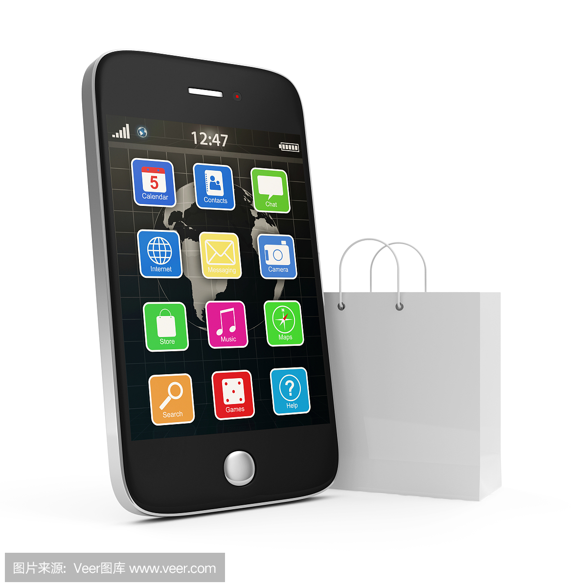 移动市场概念。触摸屏智能手机与购物袋