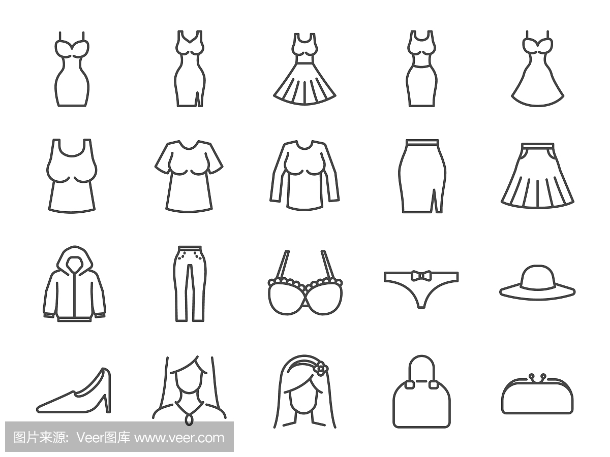 妇女的衣服图标集。包括图标作为连衣裙,工作