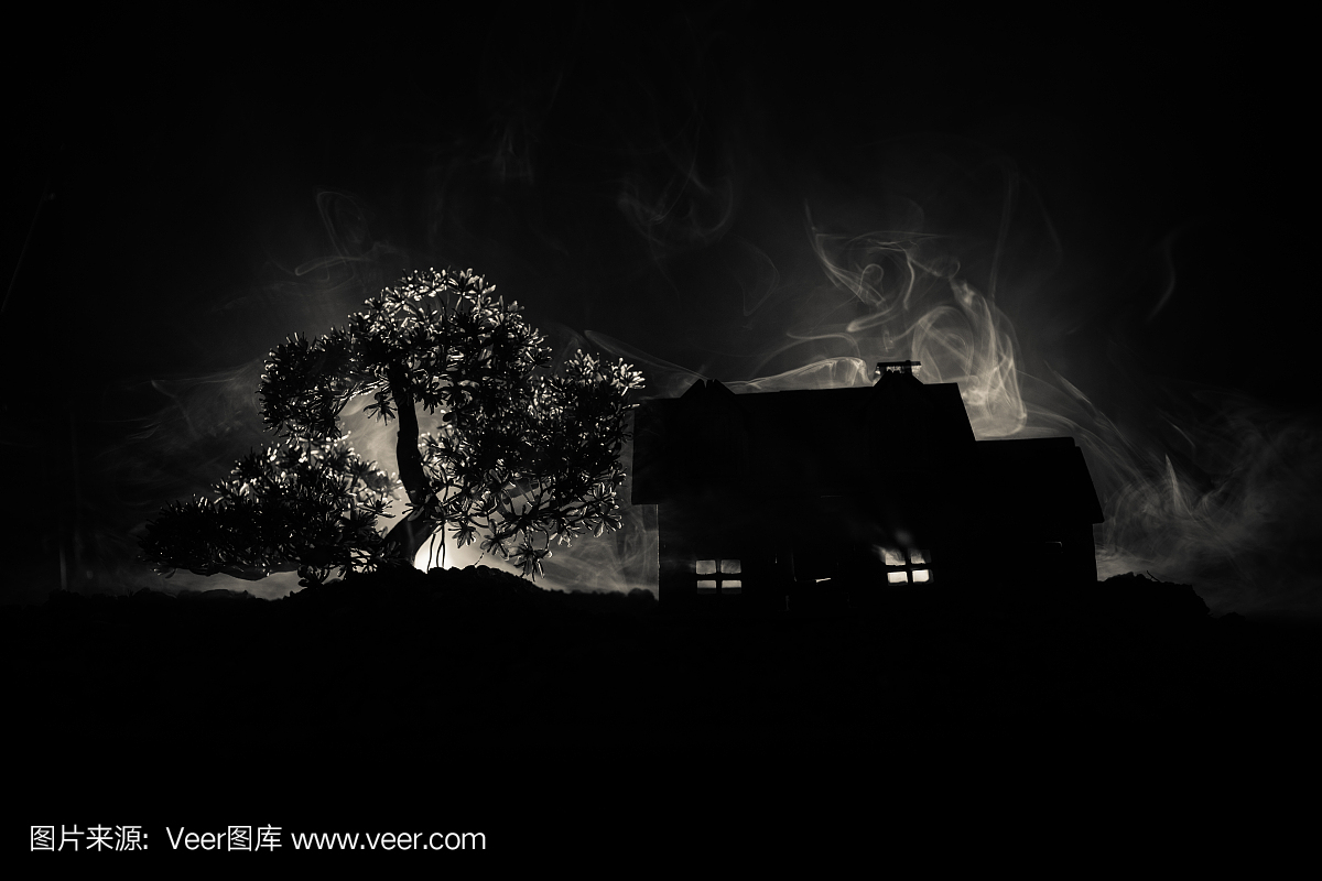 有鬼的老房子在晚上森林或被放弃的被困扰的恐
