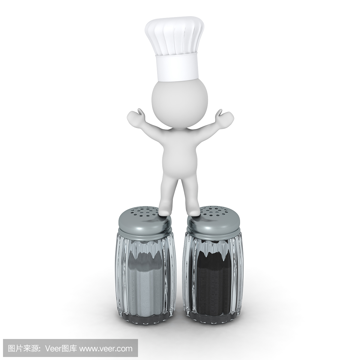 厨师帽子的3D角色站立在香料振动器上