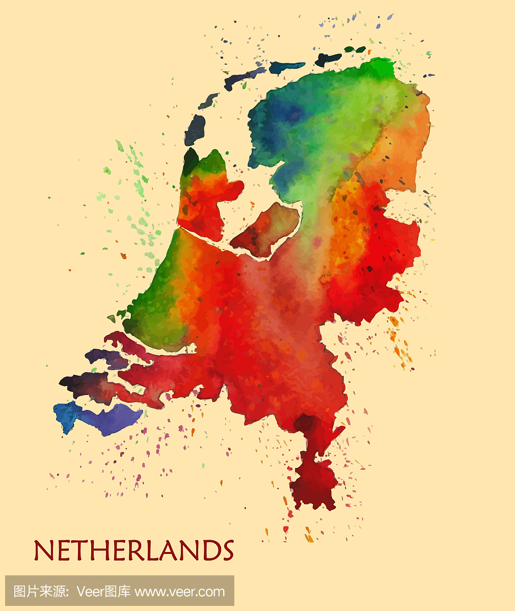 手绘荷兰的水彩地图。
