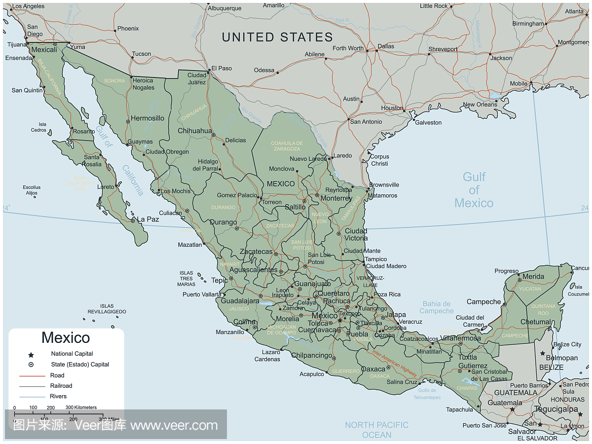 墨西哥地图与可选地区。向量