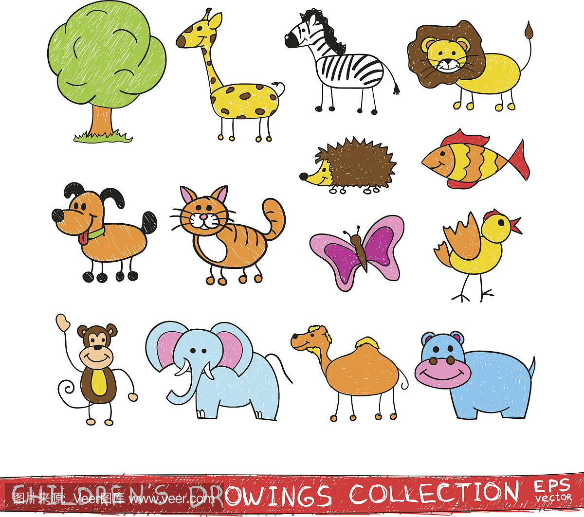有趣的动物园儿童手绘图。卡通动物矢量涂鸦
