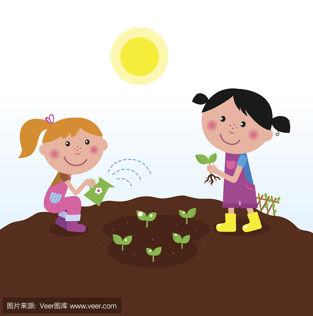两个愉快的孩子在花园里浇水和种植植物