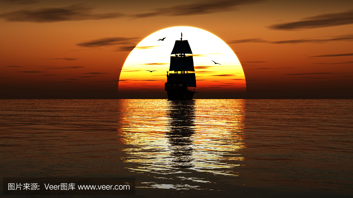 古代帆船在日落时。 3D渲染。