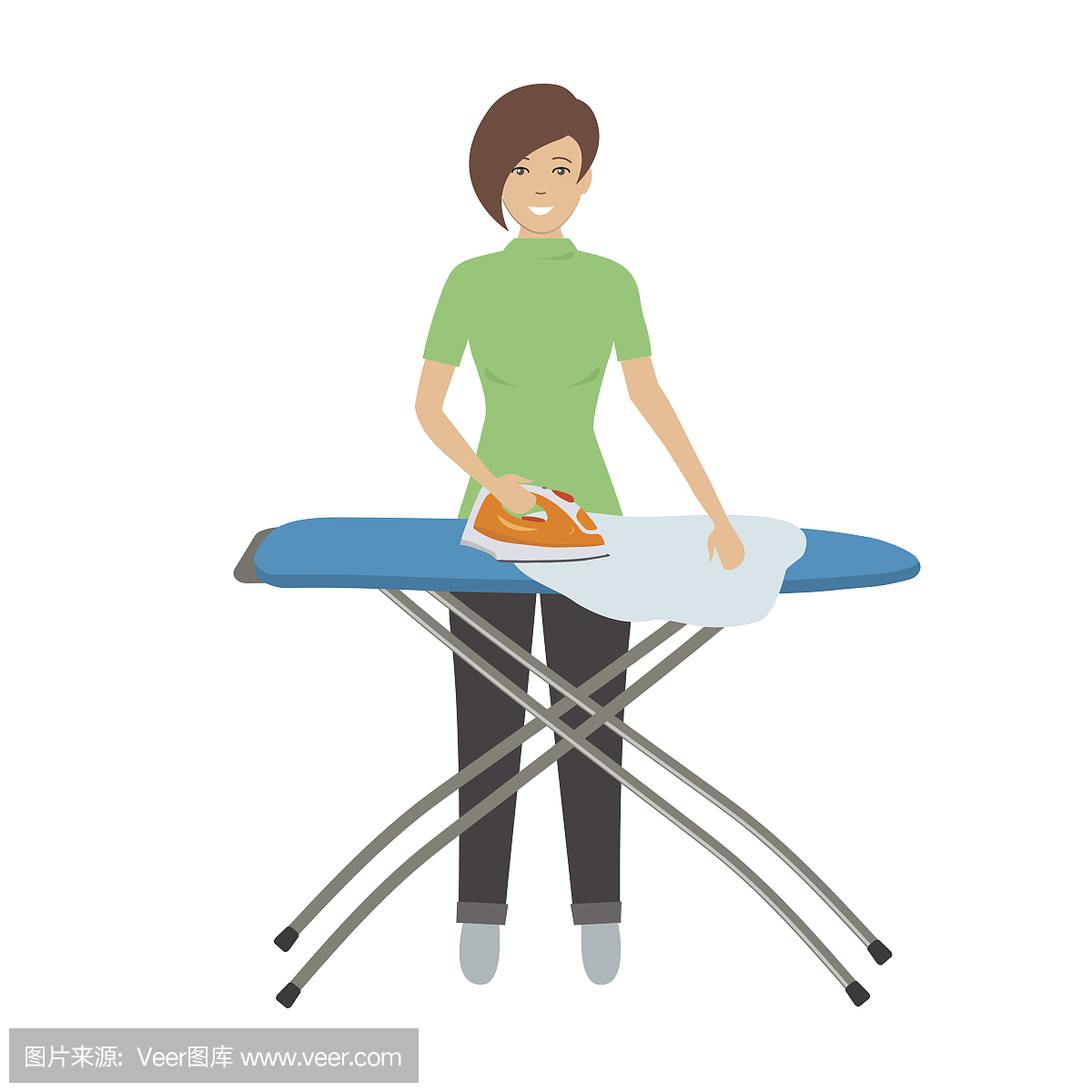 Young woman ironing clothes on ironing board