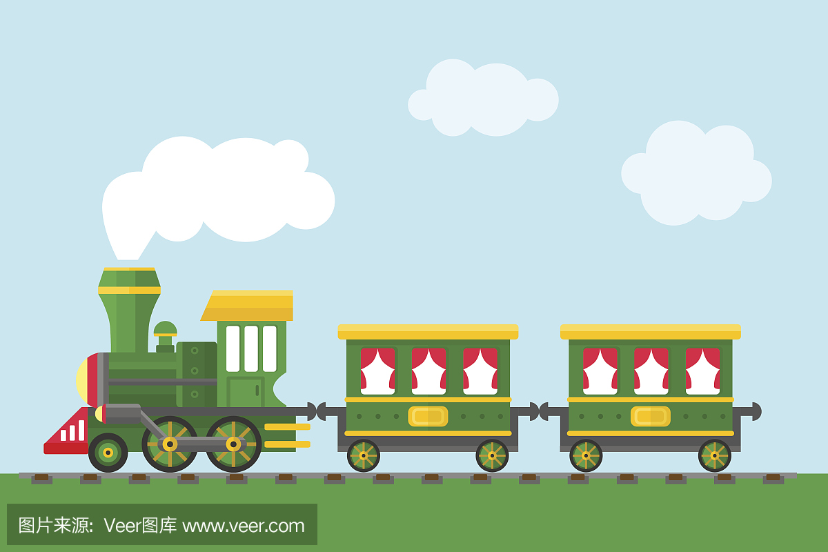 卡通玩具火车与五颜六色的块,矢量集。