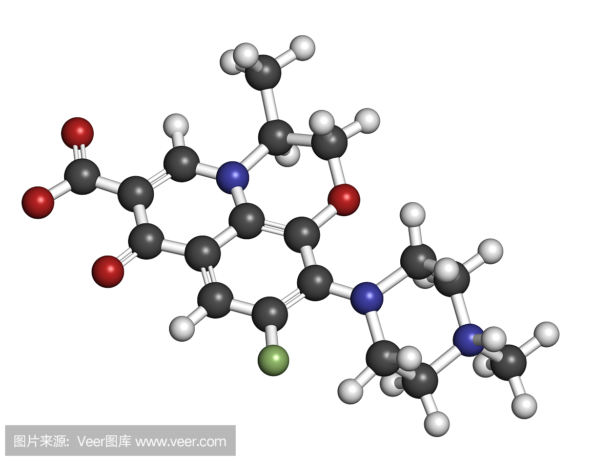 左氧氟沙星抗生素药物(氟喹诺酮类)分子。