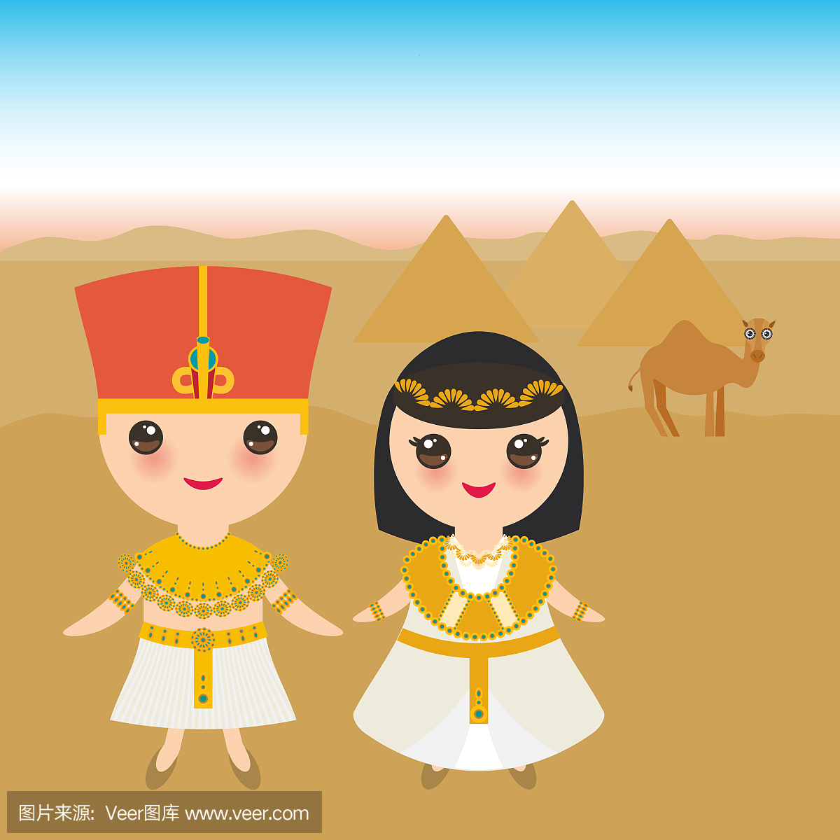 古埃及男孩和女孩在民族服装和帽子。景观,金