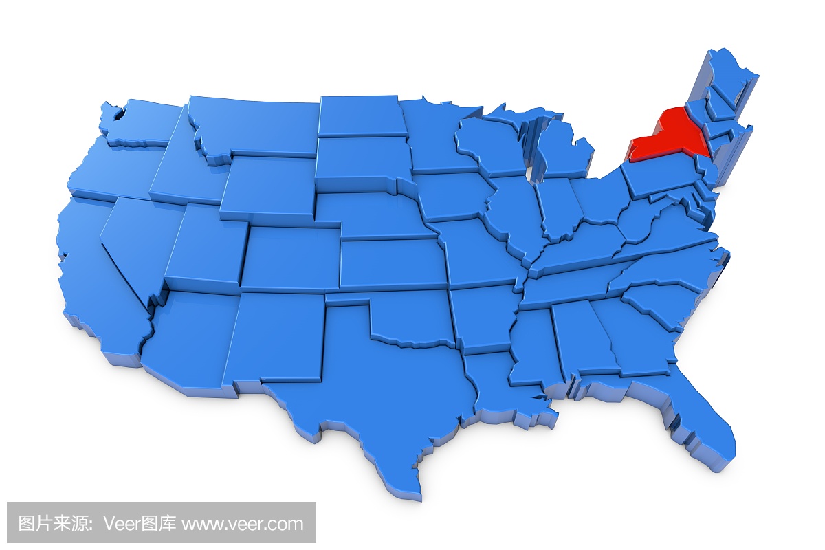 纽约州的美国地图以红色突出显示