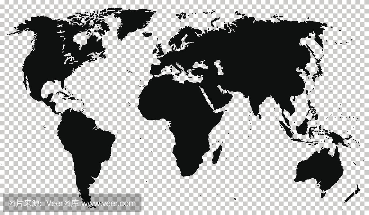 黑色详细的世界地图隔绝在透明的背景。