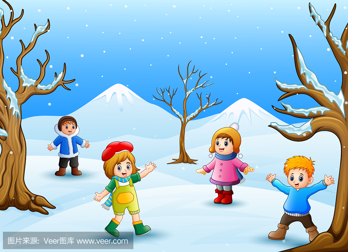 快乐的孩子在冬天在户外玩