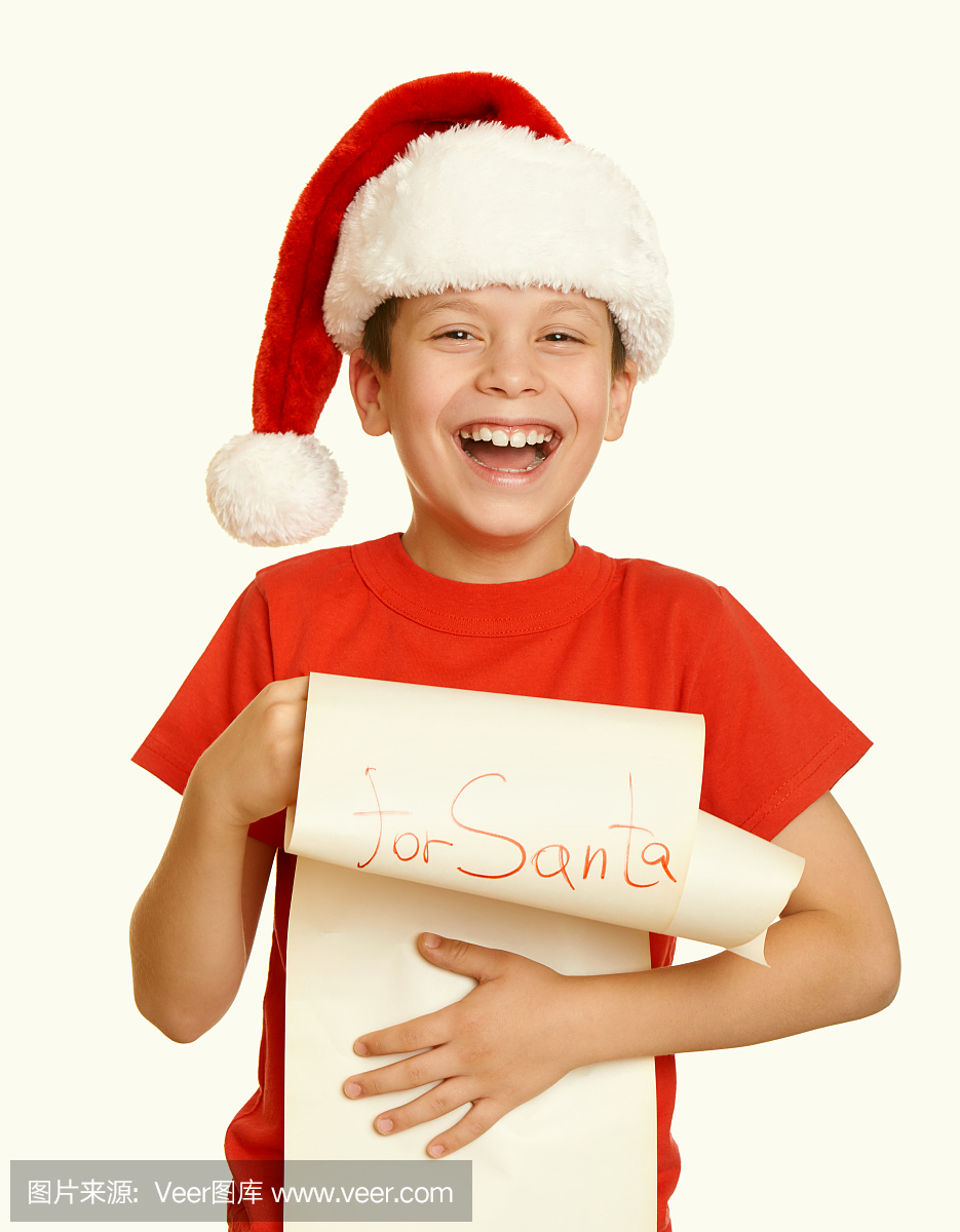 红色帽子的男孩与长卷轴祝愿圣诞老人